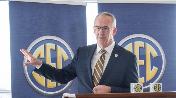 Southeastern Conference Commissioner Greg Sankey at a press conference.
